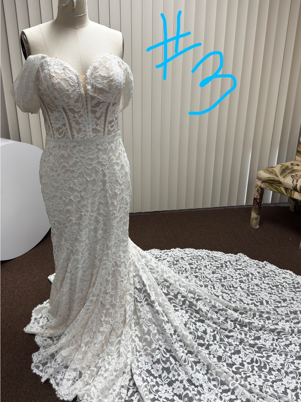 Birdies Ivory Lace Off-Shoulder Bridal Gown with Chapel Train